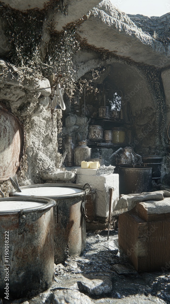 Aufkleber rustic cave workshop with ancient tools and containers