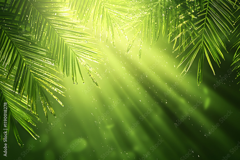 Poster a serene view of sunlight filtering through lush green leaves, creating a tranquil and vibrant atmos