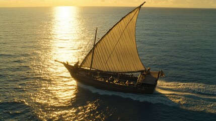 Fototapeta premium Dhow sunset sail, ocean travel, golden hour
