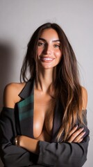 Fototapeta premium Confident Woman Portrait Smiling Brunette Long Hair Open Jacket Sexy Attractive Fa