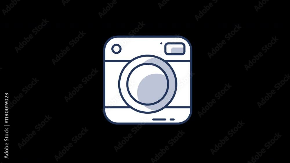 Poster a simple and clean 2d cartoon camera icon with a minimalist design on a dark background.
