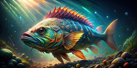 Fototapeta premium Giant Aquatic Monster Fish, Underwater Fantasy Realm, Colorful Deep Sea Creature, Stunning Fish Art