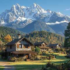 A quaint mountain village surrounded by towering peaks under a clear blue sky