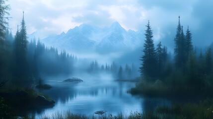 Fototapeta premium Misty mountain landscape with serene lake and lush pine trees in a tranquil atmosphere.