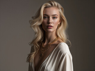 Naklejka premium Blond woman model with high end jewelry in dramatic studio lighting 