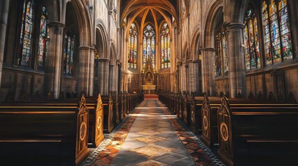 Fototapeta premium Tranquil church interior, stained glass