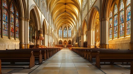 Obraz premium Tranquil church interior, sunlit pews