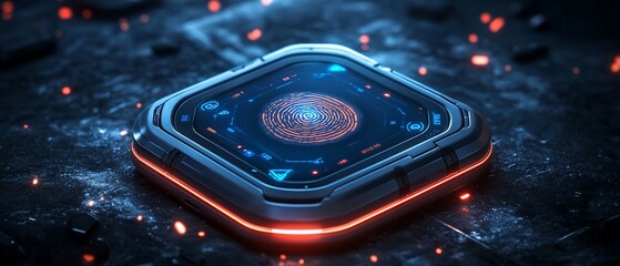 Futuristic biometric scanner on dark surface; glowing red accents; sparks in background; security tech