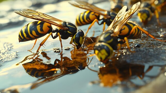 Yellowjackets Drinking Water Reflection Surface