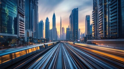 Fototapeta premium Cityscape at sunset with monorail tracks.