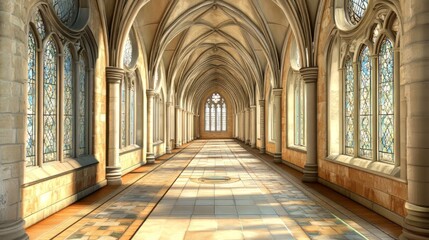 Fototapeta premium Sunlit cathedral hallway with stained glass