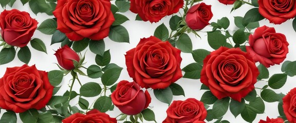 Seamless pattern of vibrant red roses on a white background, texture, design, floral
