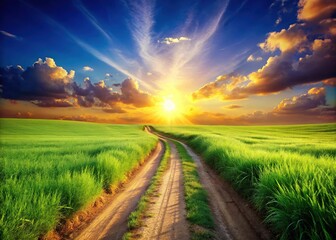 Obraz premium Lush Green Field Dirt Road - Sunny Day Countryside Path Photography