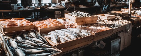 A vibrant raw fish market brimming with fresh seafood options.