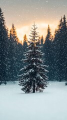 Fototapeta premium Snowy Pine Tree in Winter Wonderland Sunset