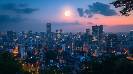 Fototapeta premium Stunning city skyline under a full moon at dusk.
