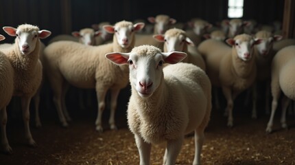 Fototapeta premium Herd of Sheep Gathered Inside a Dimly Lit Barn With Straw-Covered Floor