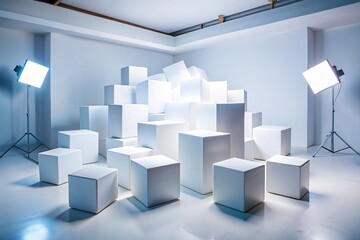 Modern Studio Photography: Geometric Shapes, White Cubes, Parallelepipeds, Cyclorama Background
