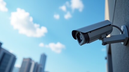 Outdoor Security Camera Mounted on Building Wall in Urban Setting