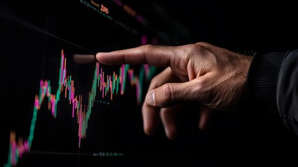 Close-Up of a Businessman's Hand Pointing at Financial Graph on Digital Screen, Analyzing Market Trends and Data Visualization in a Professional Environment