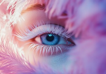 Close-up of eyes covered by white fur, purple background, purple and blue hues