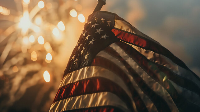 Waving Flag Against Exploding Fireworks