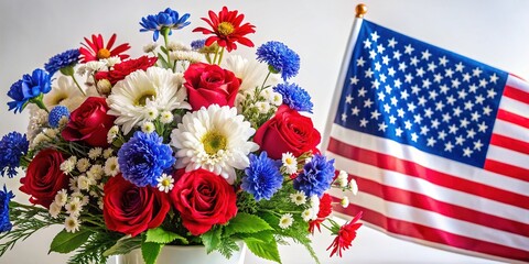 Obraz premium Patriotic 4th of July Bouquet: Red, White, Blue Flowers & Flag