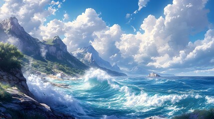 Fototapeta premium Stunning seascape with azure waves crashing against rocky cliffs under a vibrant sky.