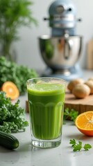 Fototapeta premium Fresh Green Juice in a Vibrant Kitchen Setting With Ingredients