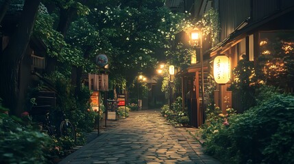 Enchanting evening stroll through a vibrant alley illuminated by warm lanterns.