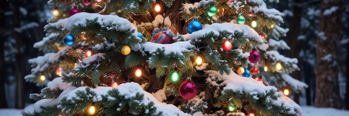 Snow-covered pine tree with colorful ornaments and fairy lights, winter background, colorful baubles
