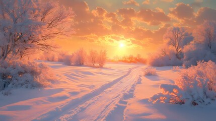 A serene winter sunset illuminating a snow-covered landscape.