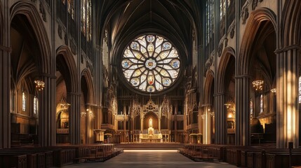 Obraz premium Grand cathedral interior, stained glass