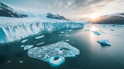 Stunning glacier landscape at sunset with icebergs and tranquil waters.