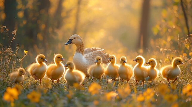 Goose leading goslings at sunrise in meadow