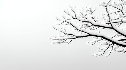 Bare branches coated in fresh snow against a blank sky, creating a natural blackandwhite minimalist composition