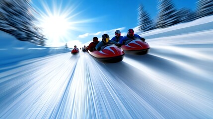 Bobsled team launching down an icy track, speed and teamwork emphasized, 3D illustration