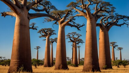Madagascar Savanna’s Baobab Grove: Zebus Grazing in a Serene Landscape