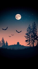 Spooky Halloween Night  Bats  Full Moon  Cottage  Forest