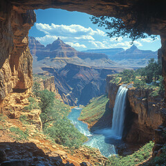 A view of a grand canyon with a waterfall flowing into its depths