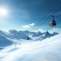 Highaltitude ski resort, cable car ascending snowy peaks, 3D illustration