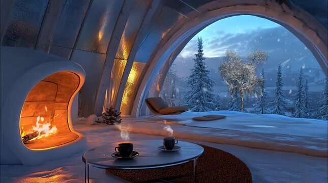 Cozy igloo interior with a warm fireplace and a scenic snowy forest view. Seamless looping video animation.