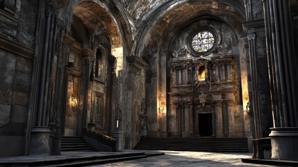 Obraz premium Ruined church interior, sunlight streams in