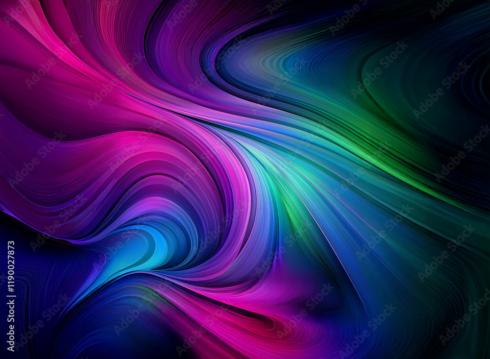 Poster abstract swirling artwork with vibrant, dynamic colors against a dark background. the colors blend a