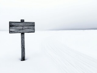 Fototapeta premium Isolated wooden signpost in the middle of a snowy landscape, surrounded by nothing but vast white space