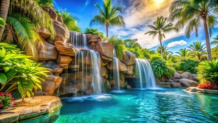 Stunning Tropical Resort Waterfall Pool Feature - Luxurious Southern Escape