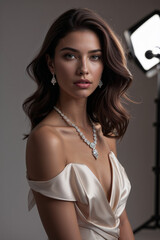 Brunette woman model with high-end jewelry in dramatic studio lighting 