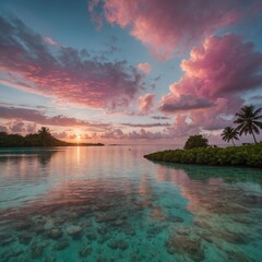 A tropical sunrise over a lagoon, with crystal-clear water and pink clouds.
