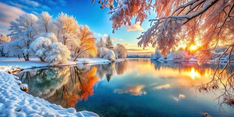 Stunning Winter Lake, Snow-Covered Trees, Bright Landscape Photography