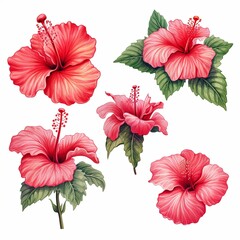 This stunning image features a set of six pink hibiscus flowers, accompanied by vibrant green buds and leaves, all elegantly isolated on a clean white background, perfect for various design projects.